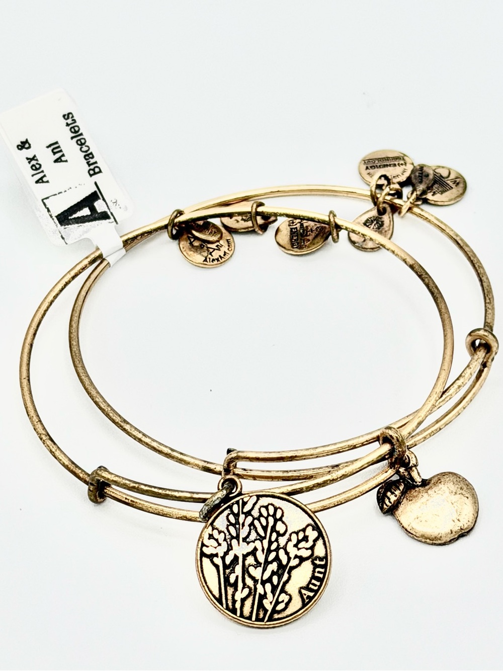 EUC ALEX AND ANI 2 GOLD AUNT & APPLE CHARMS BRACELET BUNDLE!